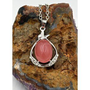 Bijoux By Meera Genuine Pink Chalcedony Stone Pendant w/ Silver Tone Rolo Chain